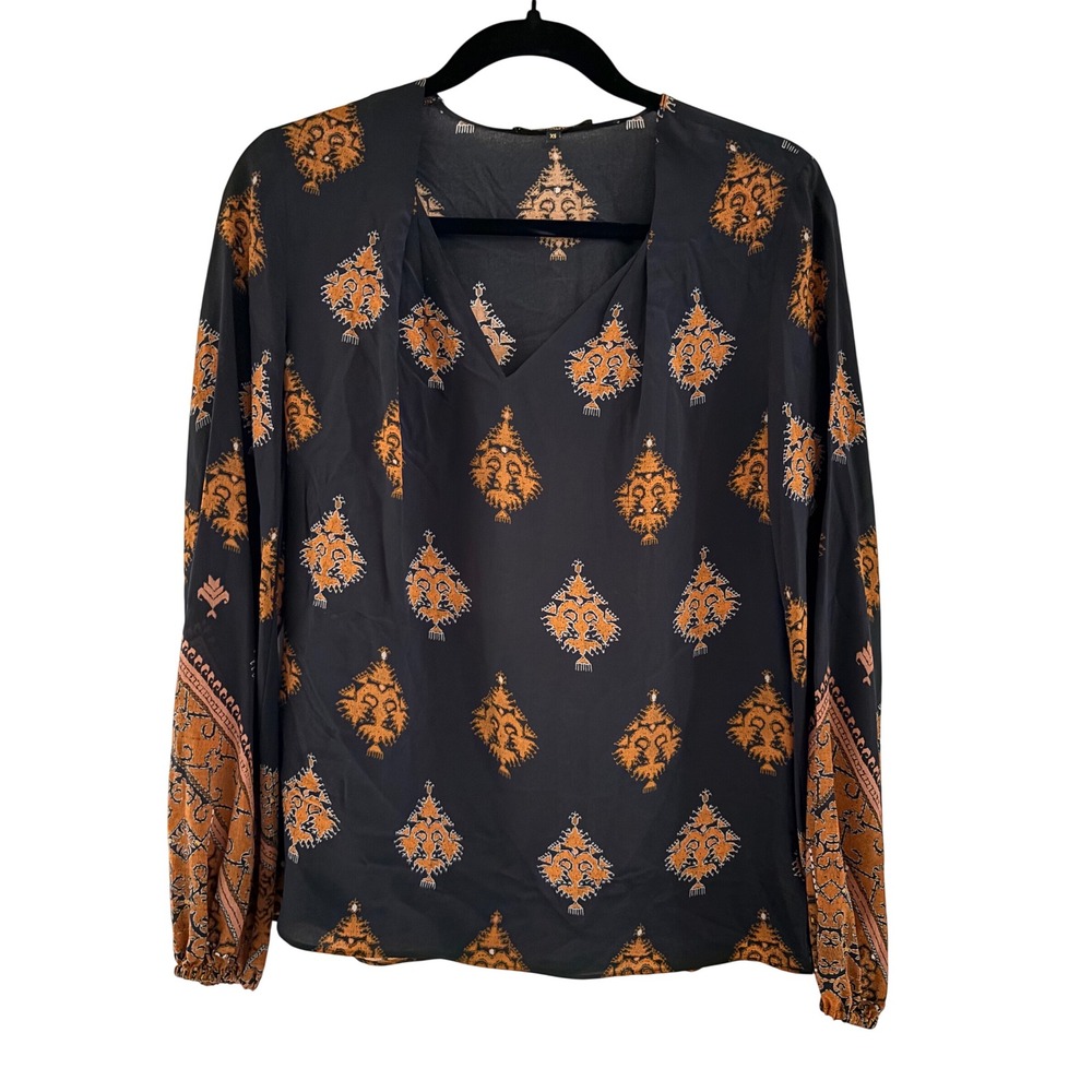 Kobi Halperin Silk Medallion Print V-Neck Blouse Black Orange XS
